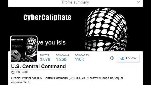 A computer screenshot shows the U.S. Central Command Twitter feed after it was apparently hacked by people claiming to be Islamic State sympathizers January 12, 2015. The hackers published apparent intelligence material and what they said were names and addresses of military personnel. REUTERS/Staff (UNITED STATES - Tags: MILITARY CRIME LAW POLITICS)