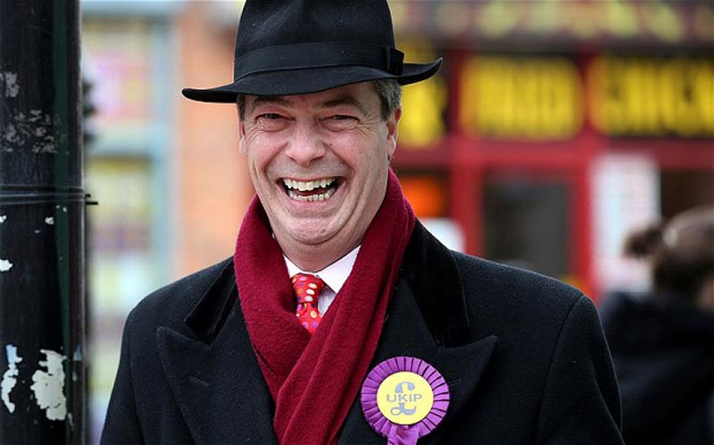 EASTLEIGH, HAMPSHIRE - FEBRUARY 22:  UKIP Leader Nigel Farage laughs as he helps campaign for the forthcoming by-election on February 22, 2013 in Eastleigh, Hampshire. The by-election is being fought for the former seat of ex-Liberal Democrat MP Chris Huhne and will be held on February 28, 2013.  (Photo by Matt Cardy/Getty Images)***BESTPIX***