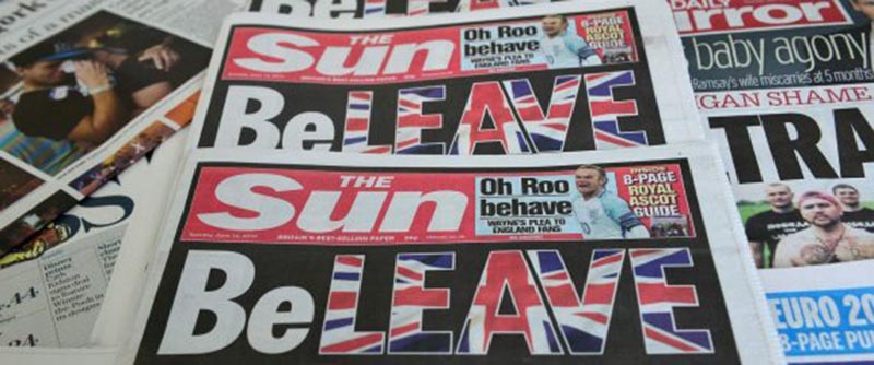 An arrangement of newspapers pictured in London on June 14, 2016 shows the front page of the Sun daily newspaper with a headline urging readers to vote 'Leave' in the June 23 EU referendum. Britain's most-read newspaper The Sun urged readers to vote to leave the European Union in an editorial splashed across its front page in the colours of the Union Jack. The Sun, part of the media empire of US-Australian mogul Rupert Murdoch, is credited with generally backing the winning side and famously claimed to have swung a general election in 1992. / AFP PHOTO / Daniel SORABJI