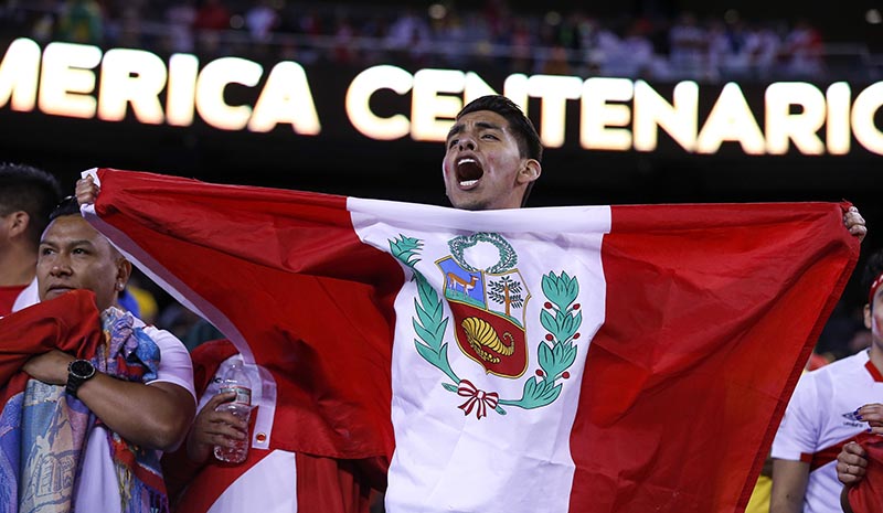 FOX321. FOXBOROUGH (EEUU), 12/06/2016.- Fanáticos de Perú celebran el gol del jugador Raúl Ruidiaz (no en la foto) ante Brasil hoy, domingo 12 de junio de 2016, en un partido entre Brasil y Perú en el Grupo B de la Copa América Centenario en el estadio Gillete de Foxborough (Estados Unidos). EFE/LISA HORNAK