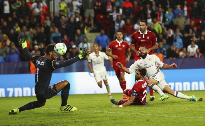 TRONDHEIM, NORWAY - AUGUST 09: Dani Carvajal of Real Madrid scores his team's third goal during the UEFA Super Cup match between Real Madrid and Sevilla at Lerkendal Stadion on August 9, 2016 in Trondheim, Norway.  (Photo by Michael Steele/Getty Images)