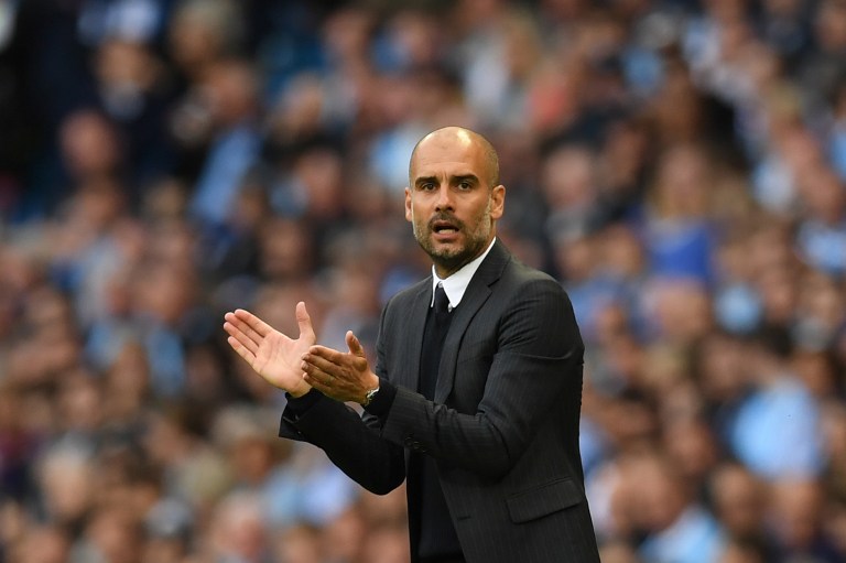 Manchester City's Spanish manager Pep Guardiola gestures from the touchline during the English Premier League football match between Manchester City and Sunderland at the Etihad Stadium in Manchester, north west England, on August 13, 2016. / AFP PHOTO / PAUL ELLIS / RESTRICTED TO EDITORIAL USE. No use with unauthorized audio, video, data, fixture lists, club/league logos or 'live' services. Online in-match use limited to 75 images, no video emulation. No use in betting, games or single club/league/player publications. /