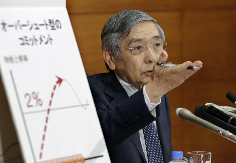 JAP01 TOKIO (JAPÓN) 21/09/2016.- El gobernador del Banco de Japón, Haruhiko Kuroda, ofrece una rueda de prensa en Tokio, Japón, hoy, 21 de septiembre de 2016. El Banco de Japón (BoJ) anunció hoy que modificará la composición de su gigantesco programa de compra de activos con el objetivo de evitar una caída de los tipos de interés a largo plazo. Este cambio tiene como objetivo mantener el rendimiento del bono de deuda nipona a 10 años (el cual es inversamente proporcional a los tipos a largo plazo) en torno al 0 por ciento, explicó el BoJ en un comunicado al término de su reunión mensual de dos días de duración. A su vez, la entidad aseguró que mantendrá intacto el ritmo anual al que viene incrementando la base monetaria nipona y que implica una compra de activos anual valorada en 80 billones de yenes (700.969 millones de euros/780.924 millones de dólares). EFE/Kimimasa Mayama