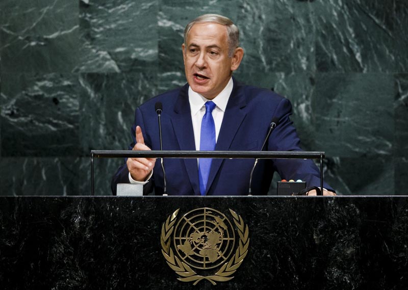 JLX01 NUEVA YORK (ESTADOS UNIDOS), 22/09/2016.- El primer ministro israelí, Benjamín Netanyahu, pronuncia su discurso con motivo de la 71 sesión de la Asamblea General de la ONU, en la sede de Naciones Unidas en Nueva York, Estados Unidos, hoy, 22 de septiembre de 2016. EFE/JUSTIN LANE